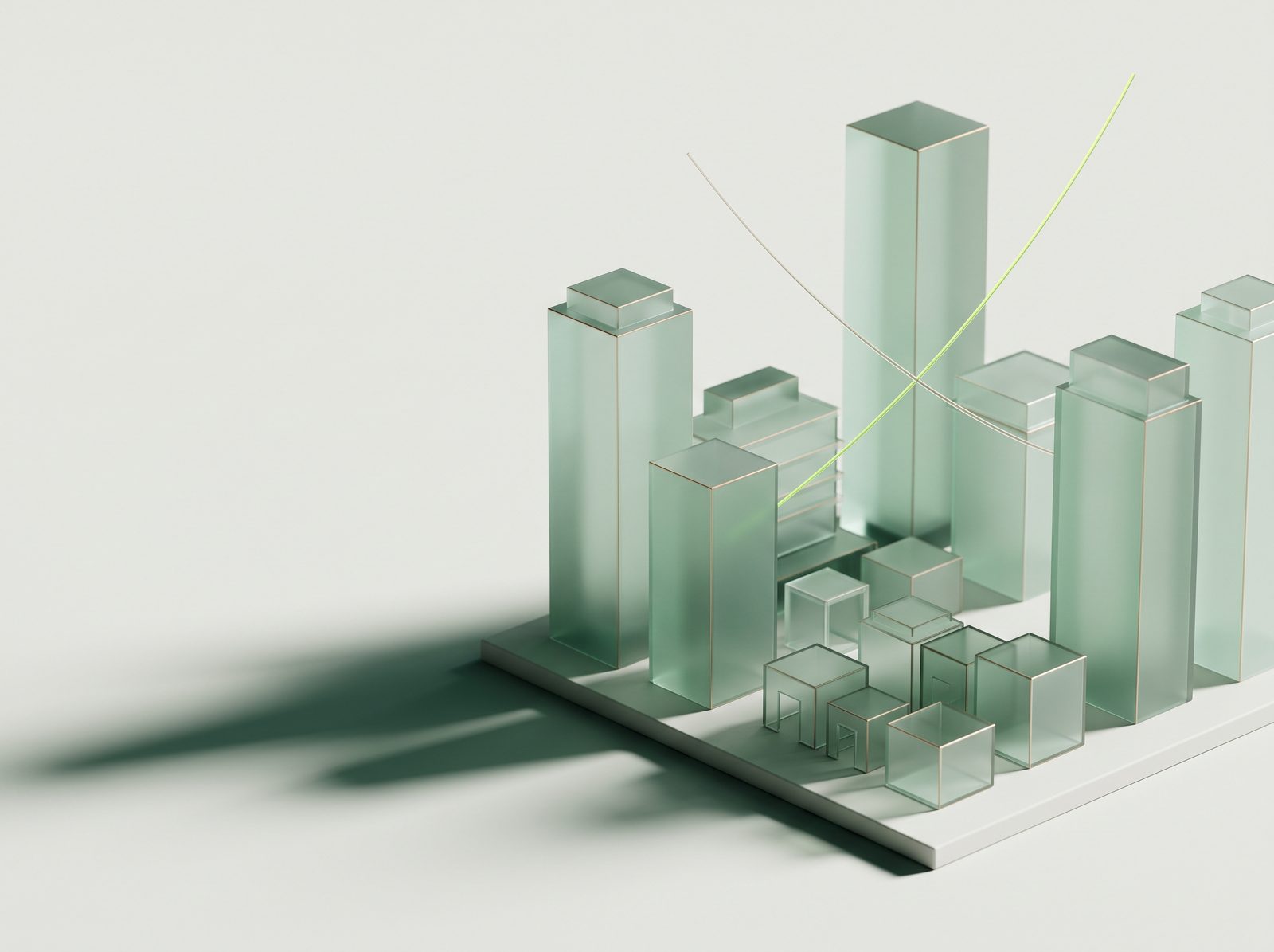 Illustration: a miniature glass city block with tall solid towers and hollow storefronts, and two thin lines crossing above, one rising and one falling.