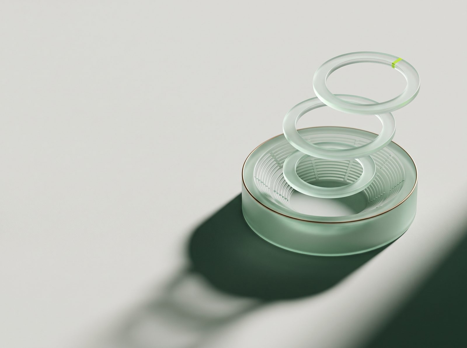 Illustration: a frosted glass stadium bowl with three glass rings rising above it in sequence, for a 30, 60 and 90 day pilot.