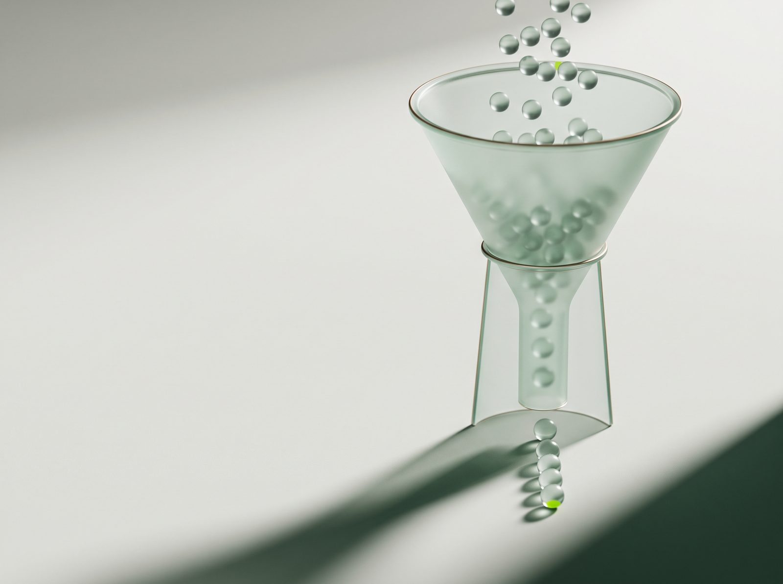 Illustration: glass spheres pouring into a frosted glass funnel, with a few sorted into a short row at the bottom, one glowing lime.