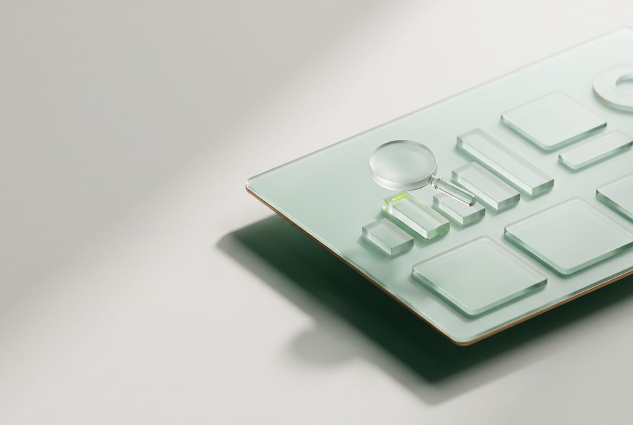 Illustration: a frosted glass dashboard with blank chart tiles and a glass magnifier over one bar.
