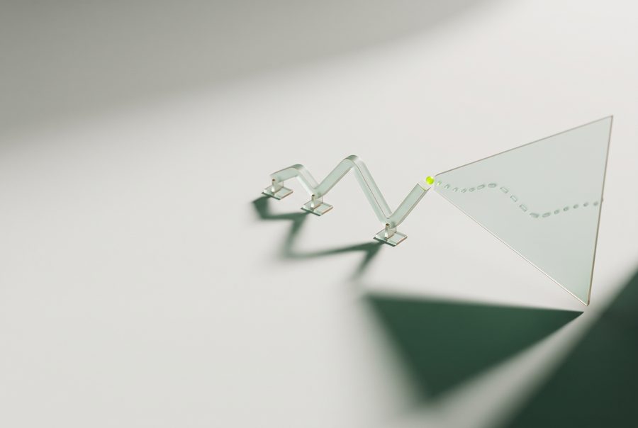 Illustration: a glass trend line on stands that continues as a dotted path inside a widening glass cone.