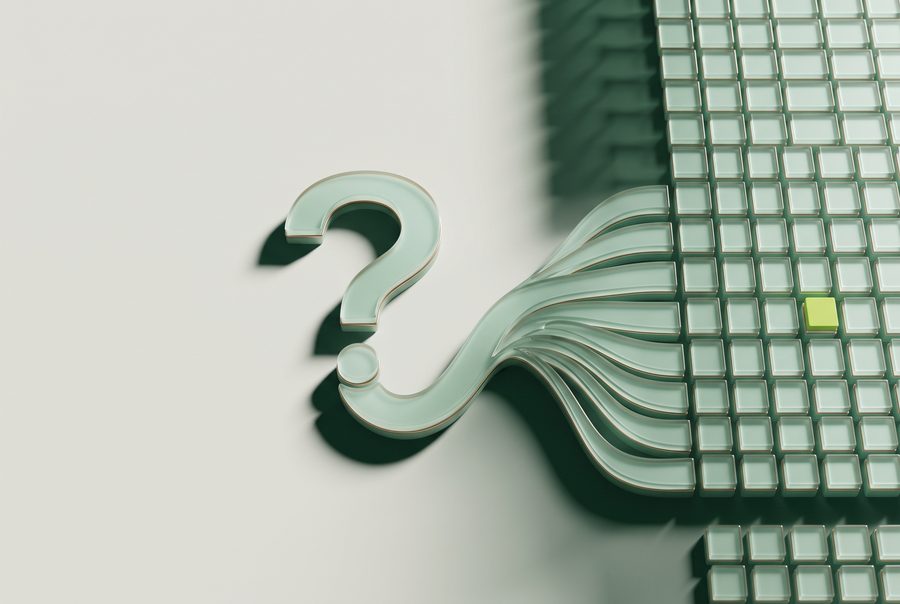 Illustration: a glass question mark whose tail fans out into a neat grid of glass cells, one lit lime.