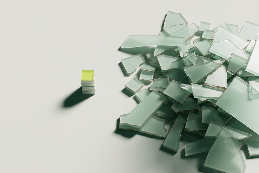 Illustration: a large pile of glass shards beside a small neat stack of selected pieces topped in lime.